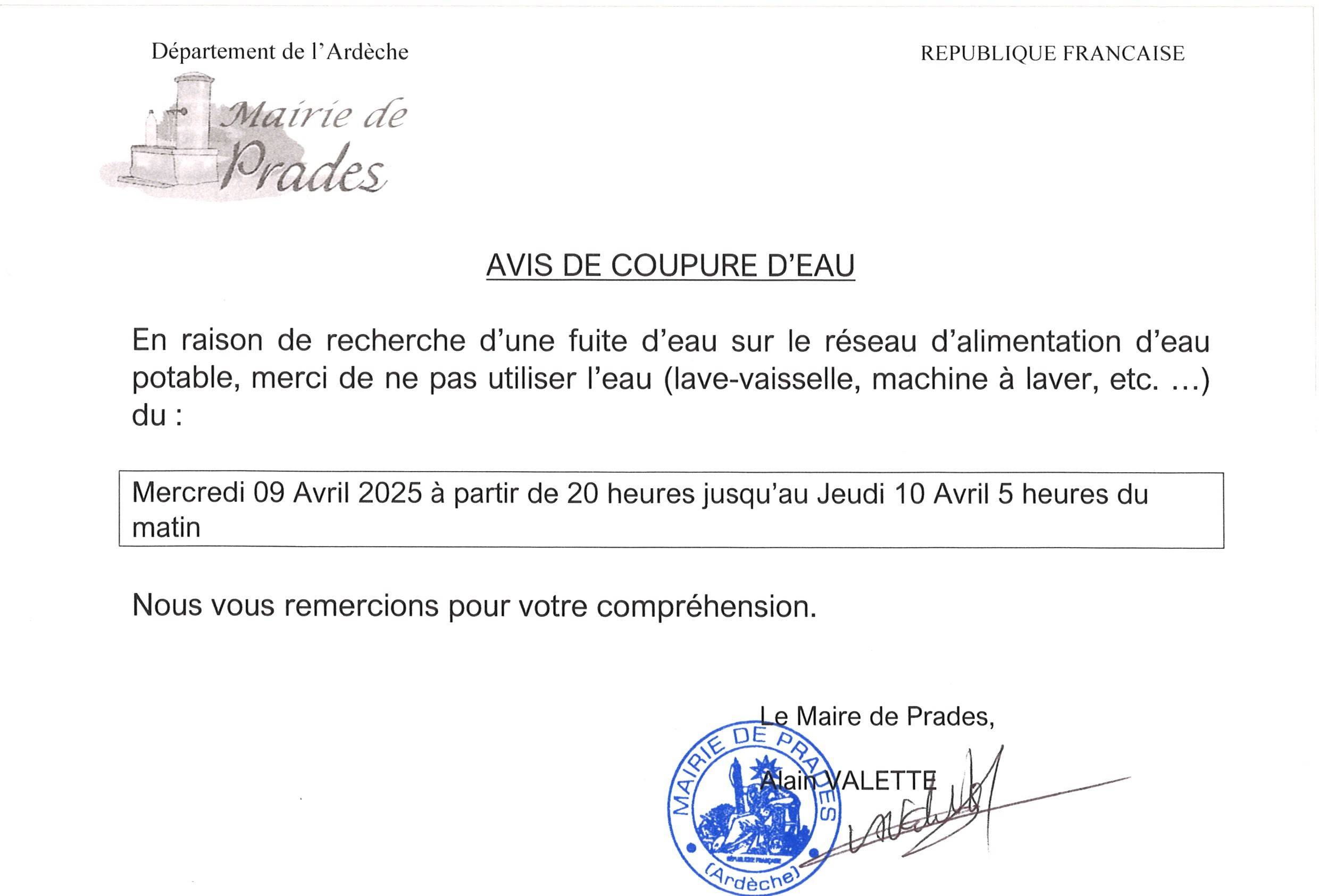 avis coupure d eau
